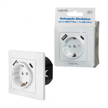 LOGILINK PA0253 seinäpistorasia 1 Schuko-pistorasialla, 1 USB-A- ja 1 USB-C-latausliitännällä, 3,1 A, valkoinen
