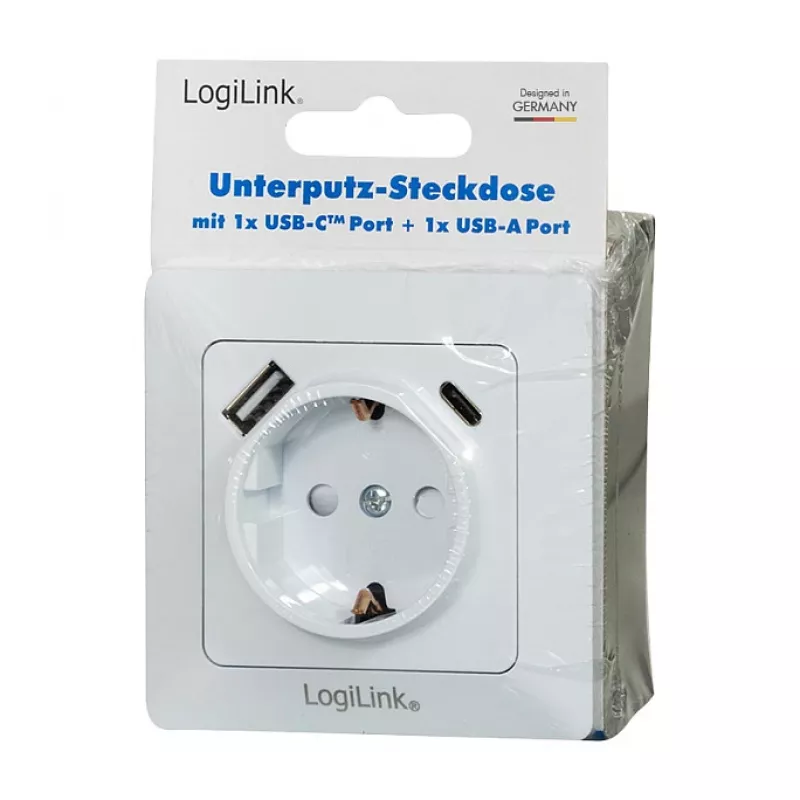 LOGILINK PA0253 seinäpistorasia 1 Schuko-pistorasialla, 1 USB-A- ja 1 USB-C-latausliitännällä, 3,1 A, valkoinen