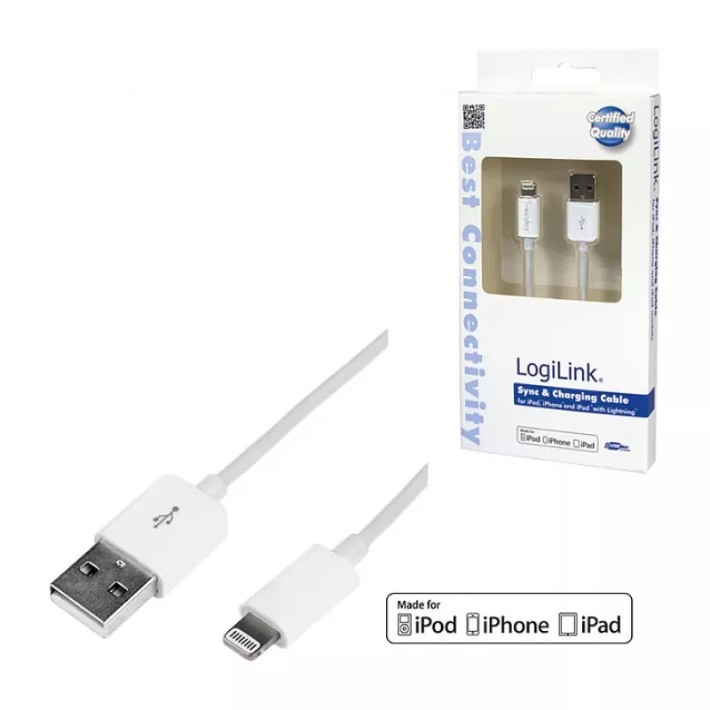 Logilink UA0199 Lightning-kaapeli, MFI-sertifioitu, USB-A - Lightning 8-pin, valkoinen, 1m (pikalataus & synkronointi)