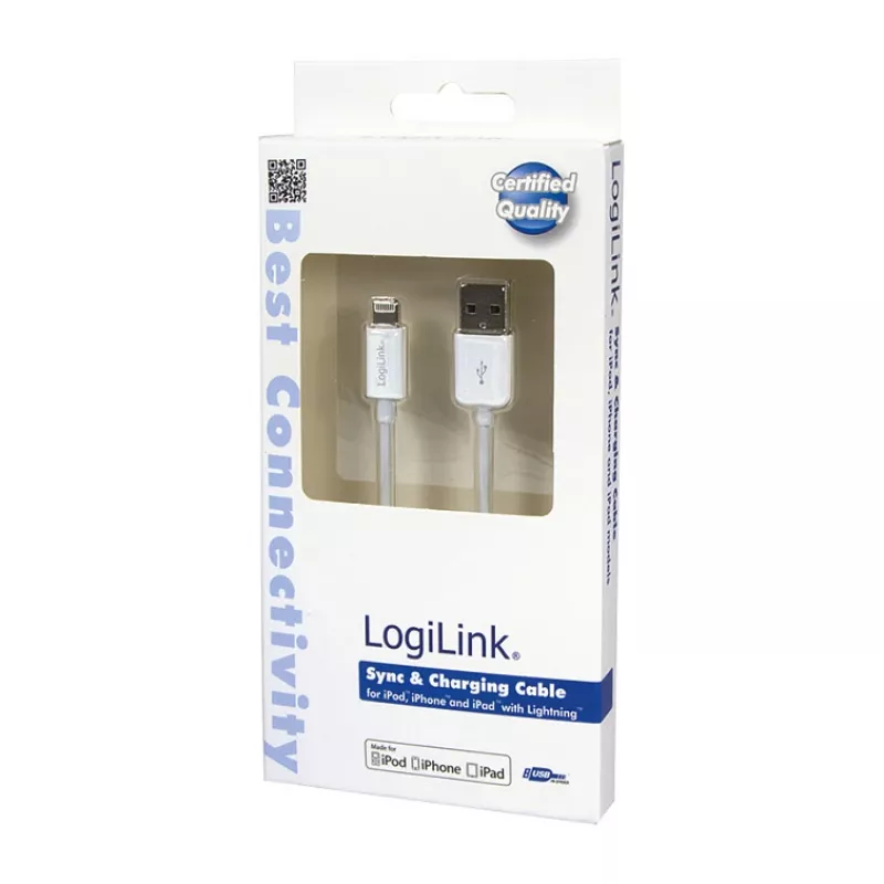 Logilink UA0199 Lightning-kaapeli, MFI-sertifioitu, USB-A - Lightning 8-pin, valkoinen, 1m (pikalataus & synkronointi)