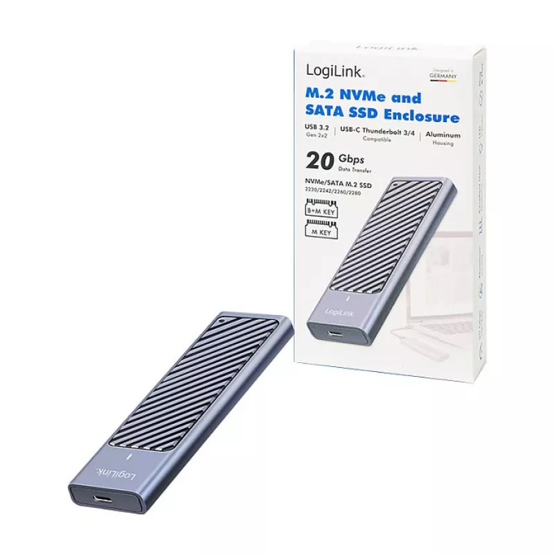 LogiLink UA0435 USB 3.2 Gen 2x2 SSD-kotelo, M.2 NVMe/SATA, USB-C, 20 Gbps, harmaa