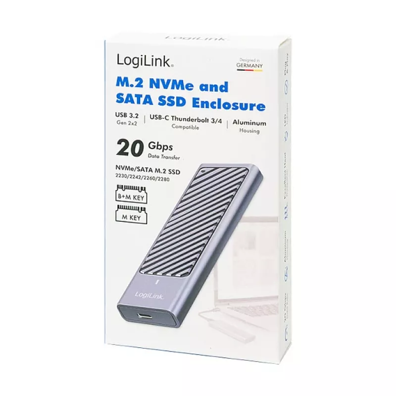 LogiLink UA0435 USB 3.2 Gen 2x2 SSD-kotelo, M.2 NVMe/SATA, USB-C, 20 Gbps, harmaa