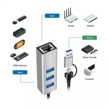 Logilink UA0440 USB 3.2 Gen 1 3-porttinen keskitin gigabit-Ethernet-sovittimella, USB-C- ja USB-A-liitäntä, alumiini