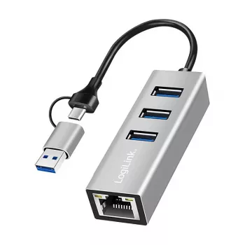Logilink UA0440 USB 3.2 Gen 1 3-porttinen keskitin gigabit-Ethernet-sovittimella, USB-C- ja USB-A-liitäntä, alumiini