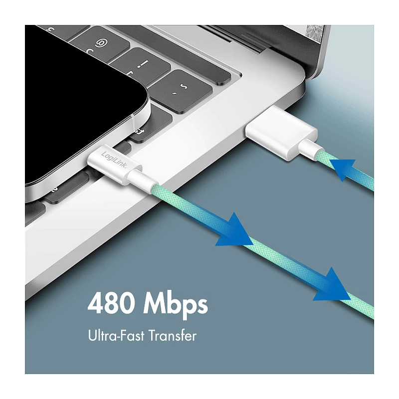LogiLink USB 2.0 Type-C kaapeli, A/M C/M, 480 Mbit/s, 60 W, nylon, vihreä, 0,5 m