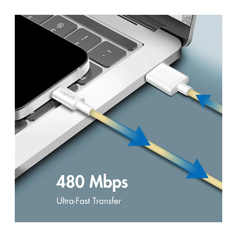LogiLink USB 2.0 Type-C kaapeli, A/M - C/M, 480 Mbps, 60W, nylon, keltainen, 0,5 m
