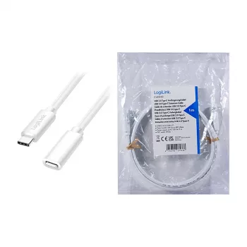 LOGILINK USB 2.0 Type-C jatkokaapeli – USB-C uros naaras, 480 Mbit/s, 100W Power Delivery, valkoinen, 1m