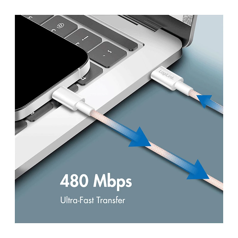 LogiLink USB 2.0 Type-C - Type-C -kaapeli, 1 m, 60W Power Delivery, nylonipunottu, pinkki