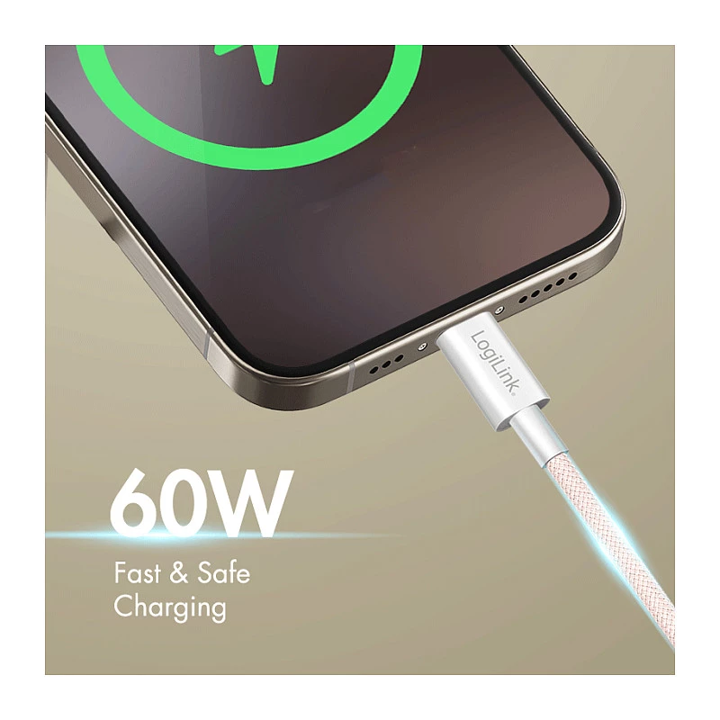 LogiLink USB 2.0 Type-C - Type-C -kaapeli, 1 m, 60W Power Delivery, nylonipunottu, pinkki