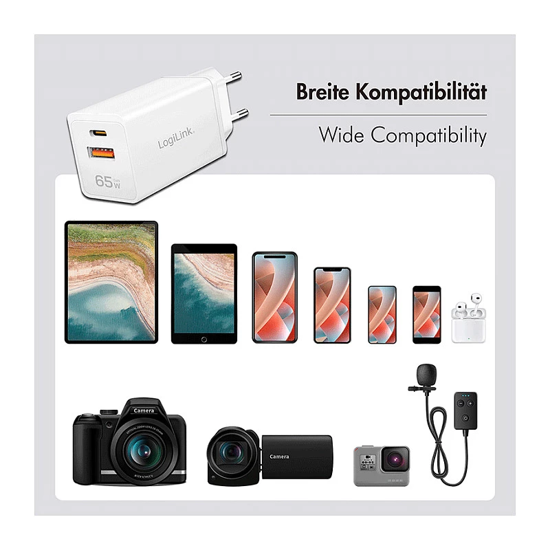 Logilink USB-A/C laturi 65 W GaN, 1x USB-A (QC), 1x USB-C (PD), valkoinen