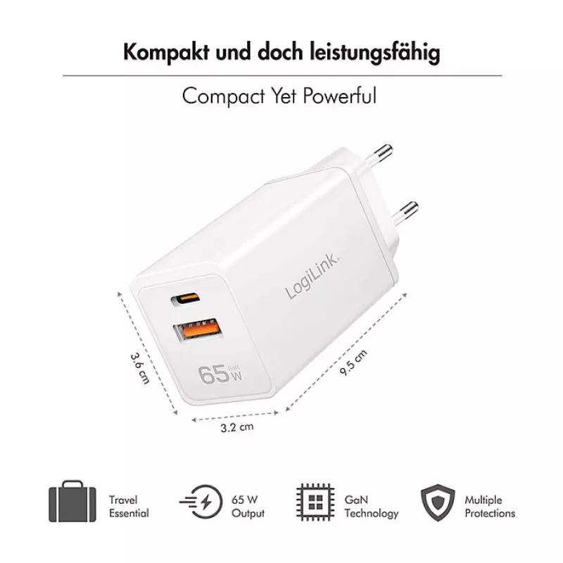 Logilink USB-A/C laturi 65 W GaN, 1x USB-A (QC), 1x USB-C (PD), valkoinen