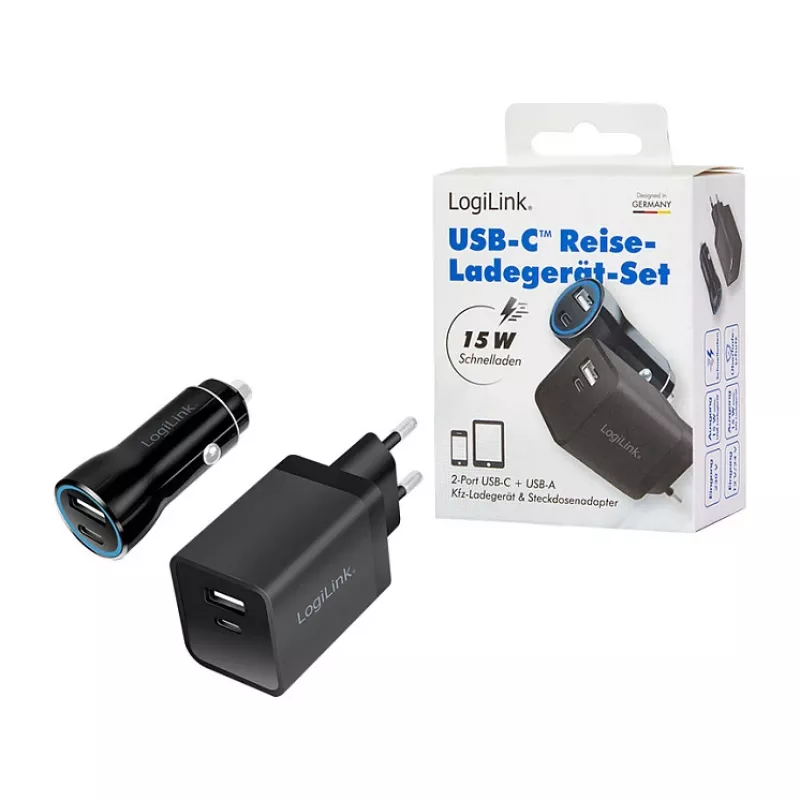 Logilink USB-A/C lataussarja, 15 W, 1x USB-A, 1x USB-C, musta