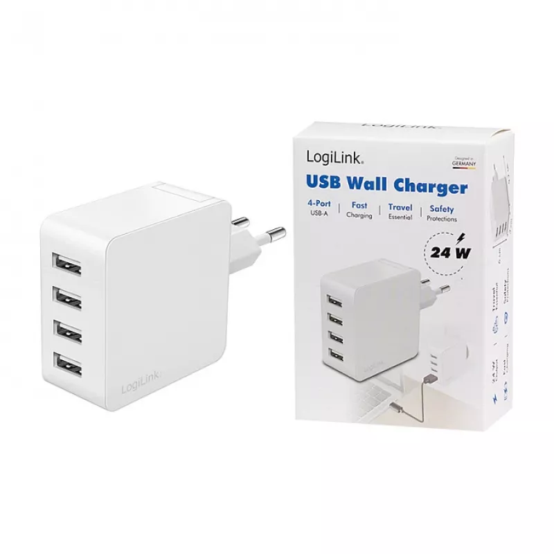 Logilink USB-A laturi, 24 W, 4 porttia, 4x USB-A, valkoinen