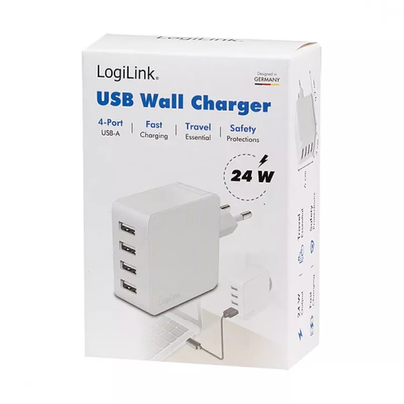 Logilink USB-A laturi, 24 W, 4 porttia, 4x USB-A, valkoinen