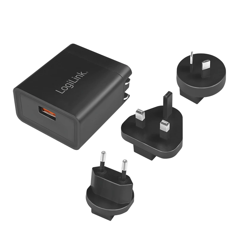 Logilink USB-A matkalaturi, 18 W, GaN, 1-portti, 1x USB-A (QC), musta