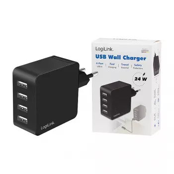 LogiLink USB-A seinälaturi, 24W, 4-porttinen, 4x USB-A, musta