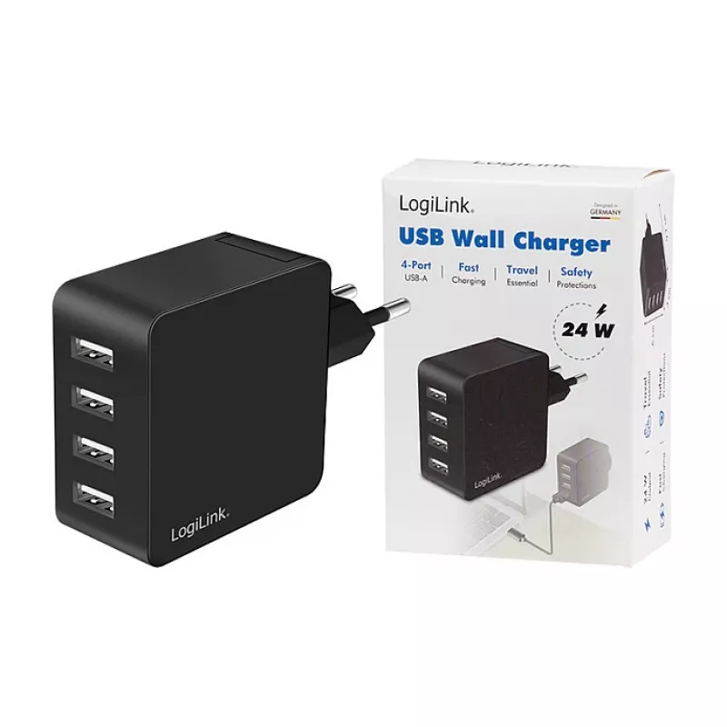 LogiLink USB-A seinälaturi, 24W, 4-porttinen, 4x USB-A, musta