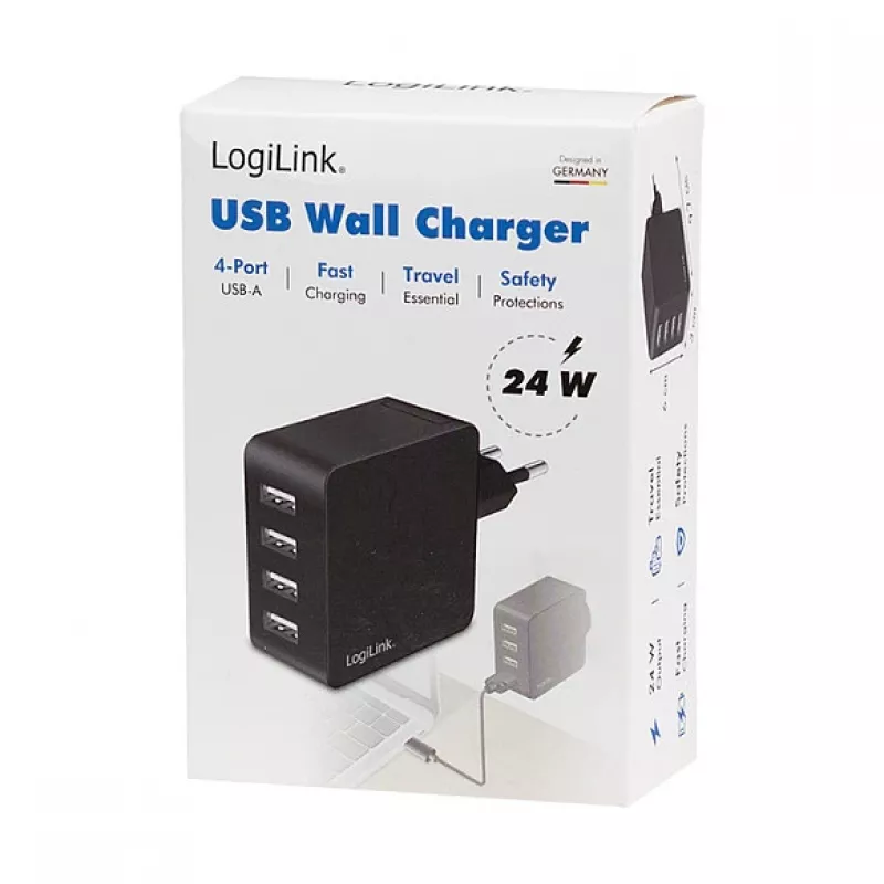LogiLink USB-A seinälaturi, 24W, 4-porttinen, 4x USB-A, musta