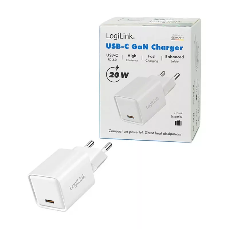 LogiLink USB-C-laturi 20 W GaN, 1 portti, USB Power Delivery, valkoinen