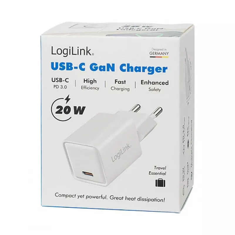 LogiLink USB-C-laturi 20 W GaN, 1 portti, USB Power Delivery, valkoinen