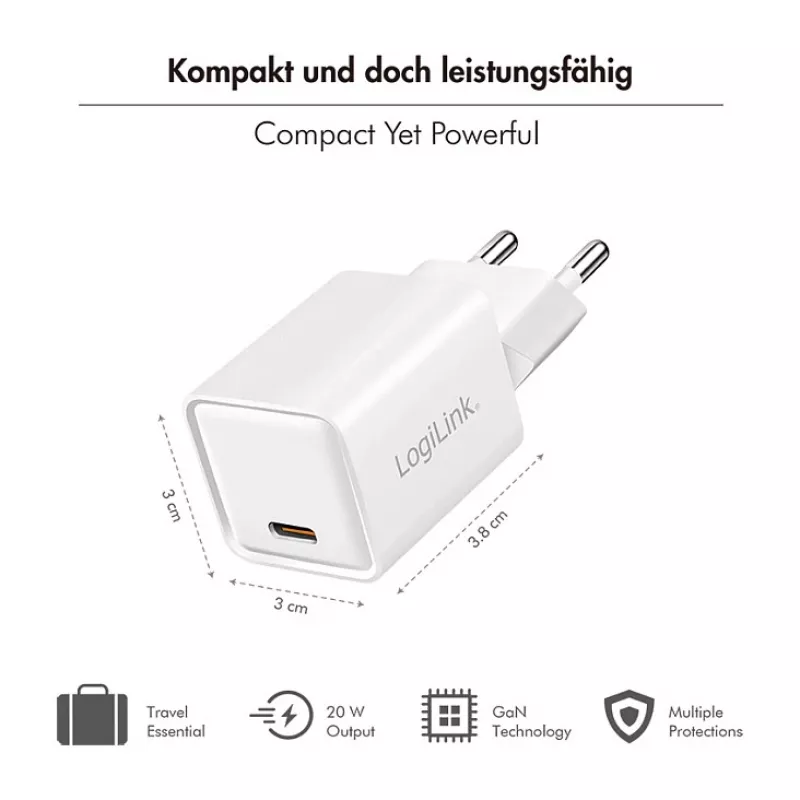 LogiLink USB-C-laturi 20 W GaN, 1 portti, USB Power Delivery, valkoinen