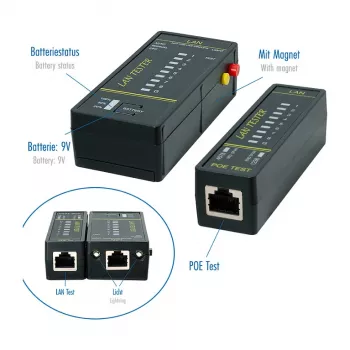 LOGILINK WZ0080 LAN-kaapelitestari & PoE-paikannin magneetilla, taskulamppu, taustavalaistu LCD, 300 m kantama