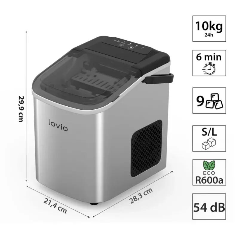 Lovio LVIM001SL Crystal Ice Home -jääpalakone – 12 kg/24h, 2,2L vesisäiliö, hopea/musta