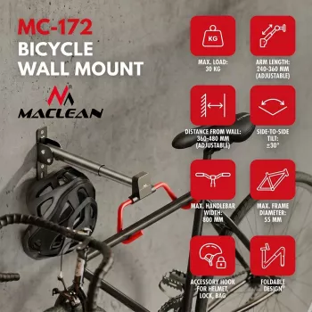 MACLEAN MC-172 vaakasuora seinäkiinnitteinen pyöräteline, teräs, 30 kg kuormitus, säädettävä kulma, taitettava, musta