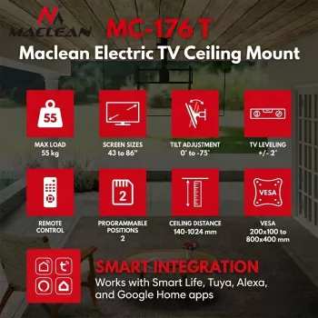 Maclean MC-176 T sähköinen kattoteline televisiolle Tuya Smart -ohjauksella, VESA 200x200–800x400, 43–86 tuuman televisioille, 55 kg kuormitus, musta