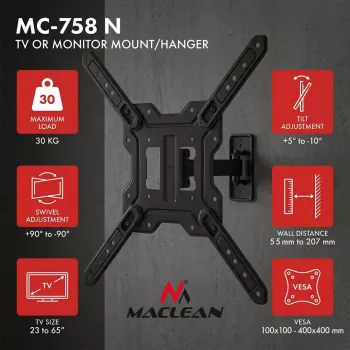 Maclean MC-758 N kiinnike 23-65 tuuman televisioille ja monitoreille, 30 kg, VESA 400x400, musta