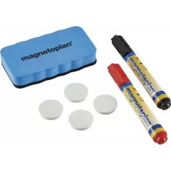 MAGNETOPLAN HOLTZ 37102 liitutaulun tarvikesarja – magneettinen pyyhin, 4 magneettia, 4 tussia (musta/punainen)