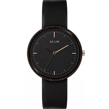 MAM MAM642 unisex 39 mm tiikkipuinen kello mustalla nahkarannekkeella