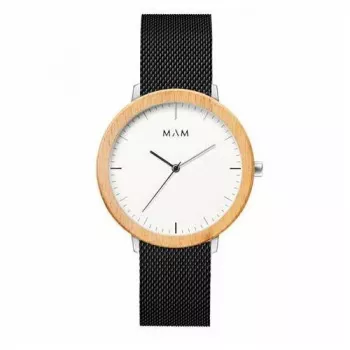 MAM MAM687 unisex 39 mm tiikkipuukello mustalla nahkarannekkeella