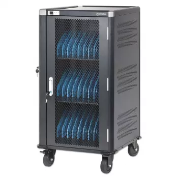 Manhattan 30 paikan kannettavien latauskärry/-trolley AC-sovittimella (EU) - lukittava teräskotelo, 220-240V, 2300W, CEE 7/7-pistoke, 3m kaapeli, 4 pyörää