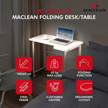 MCN Maclean L-muotoinen taittopöytä valkoinen 100x65 cm siirrettävä lukittavilla pyörillä MC-1250 L/W
