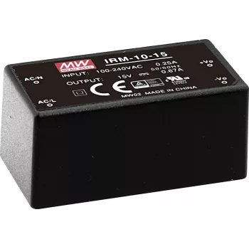 MEAN WELL IRM-10-5 10W 5V 2A koteloitu PCB-asennettava virtalähde, 85-264VAC tulo, musta