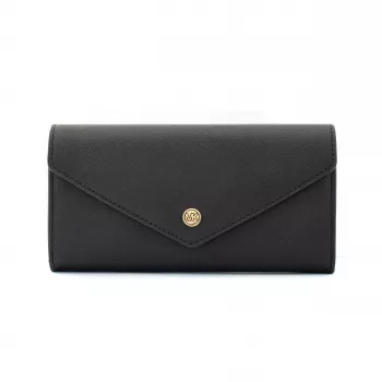 Michael Kors Jet Set Travel puhelinkotelo-lompakko, musta Saffiano-nahka, kultasävyiset metalliosat, vetoketjullinen sulkeminen, irrotettava rannehihna, 6 korttipaikkaa, setelilokero, puhelinlokero