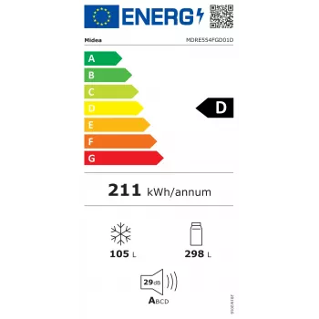 Midea MDRE554FGD01D kalusteisiin asennettava yhdistelmäjääkaappi, No Frost, 403 L, valkoinen, energialuokka D
