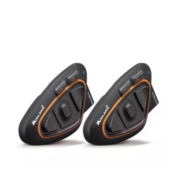Midland BTX1 PRO S-TWIN moottoripyörän Bluetooth-puhelinpaketti, 2 kpl, 800 m kantama, 23 h akku, IPX6, DNK-kohinanvaimennus, FM-radio, yleinen pariliitos