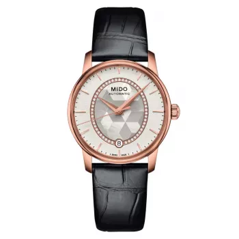 MIDO Baroncelli III Lady automaattikello 33 mm ruusukulta PVD valkoinen helmiäiskellotaulu timantti-indekseillä valkoinen nahkaranneke