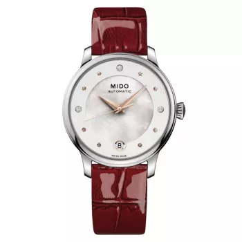 MIDO Baroncelli III naisten automaattikello 33mm helmiäiskellotaulu valkoinen nahkaranneke M039207161060