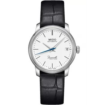 MIDO Baroncelli Lady automaattikello 33 mm ruostumaton teräs valkoinen kellotaulu musta nahkaranneke M027207160100