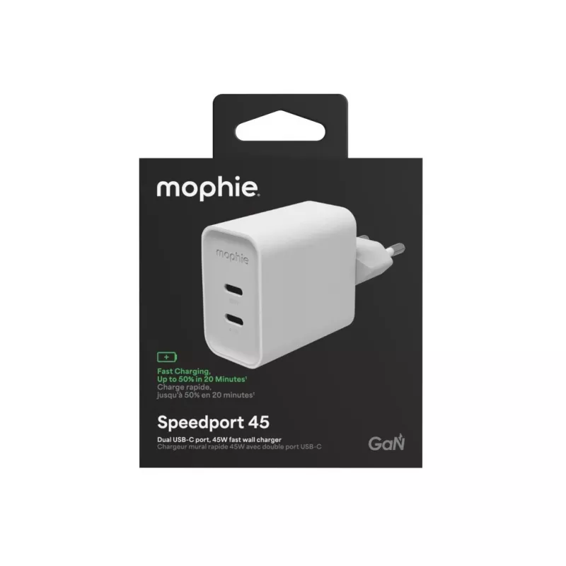 Mophie ROC GaN 45W Dual USB-C seinälaturi - valkoinen