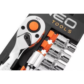 NEO Tools 10-030 219-osainen hylsy- ja kiintoavainsarja 1/4 tuuman, 3/8 tuuman, 1/2 tuuman vääntiöllä, räikät, bitsit ja tarvikkeet muovilaukussa