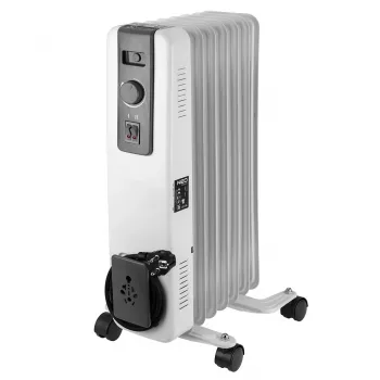 NEO TOOLS 1500W öljypatteri 7 ripalla, 3 lämpötehoa, säädettävä termostaatti, ylikuumenemissuoja, kaatumissuoja, integroidut rullat, valkoinen