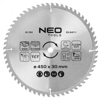 NEO TOOLS 450 mm TCT-sirkkelinterä, 60 hammasta, 30 mm reikä, puulle