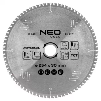 NEO TOOLS 55-548 kovametallikärkinen pyörösahanterä, 254 mm x 30 mm, 80 hammasta, yleiskäyttö