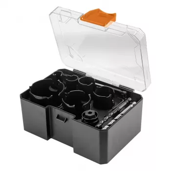 NEO TOOLS 57-923 reikäsahasarja kovametallikärjellä, 11-osainen (20–64 mm), 2 istukalla ja laukulla