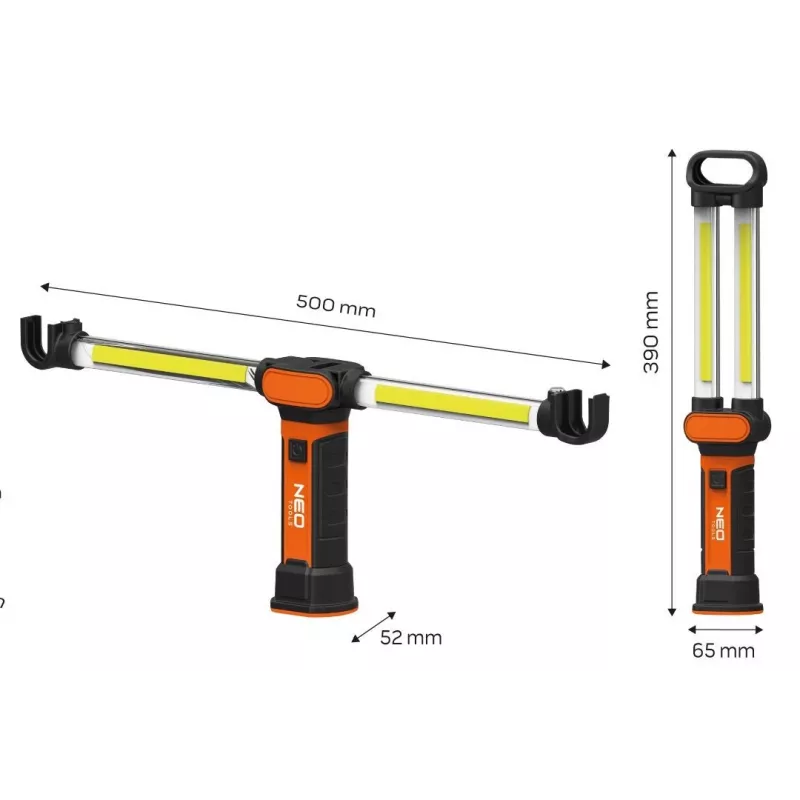NEO TOOLS 99-066 ladattava COB LED-työvalaisin magneettijalalla ja kääntökoukulla, 300 lm
