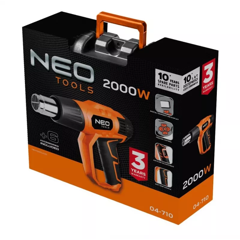 NEO TOOLS kuumailmapuhallin 2000W LCD-näytöllä, 50°C & 70-600°C, 4 suutinta, kaavin, kantolaukku